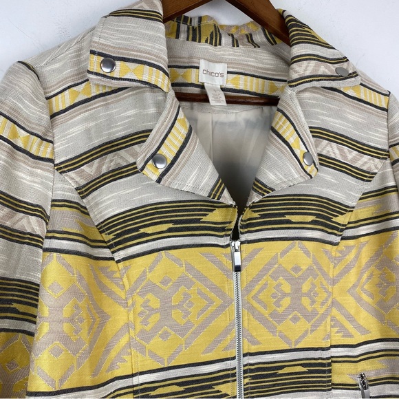 Chico’s size 1/Medium Women’s Yellow Gray Aztec Jacquard Moto Jacket - Picture 2 of 8
